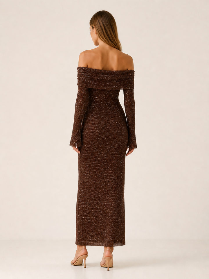 Chocolate Off Shoulder Maxi Dress with Long Sleeves – side view