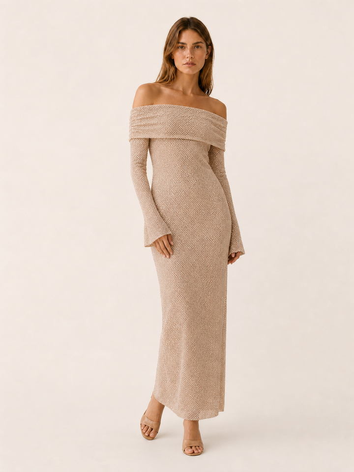 Beige Off Shoulder Maxi Dress with Long Sleeves – detail view