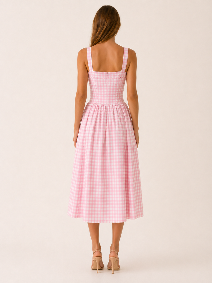 Blue Gingham Midi Sundress with Pockets – side view