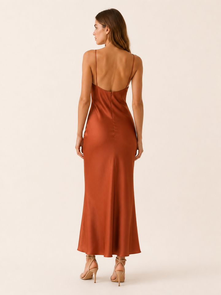 Light Green Satin Maxi Dress with Cowl Neckline – side view