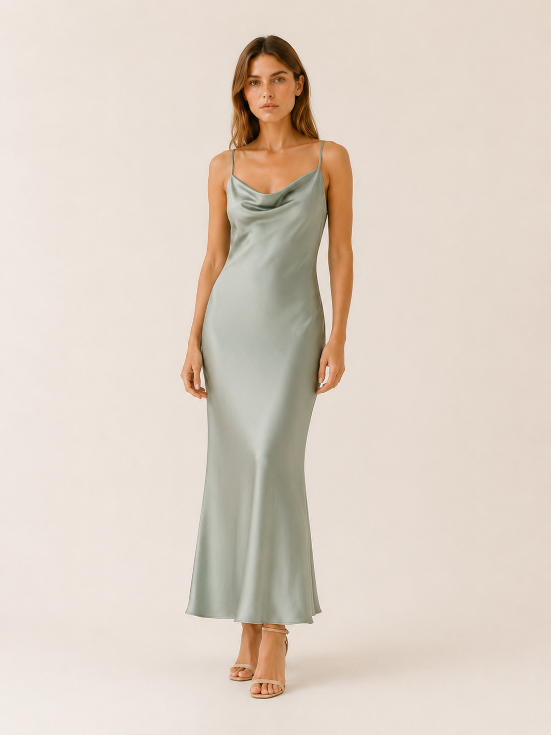 Light Green Satin Maxi Dress with Cowl Neckline – detail view