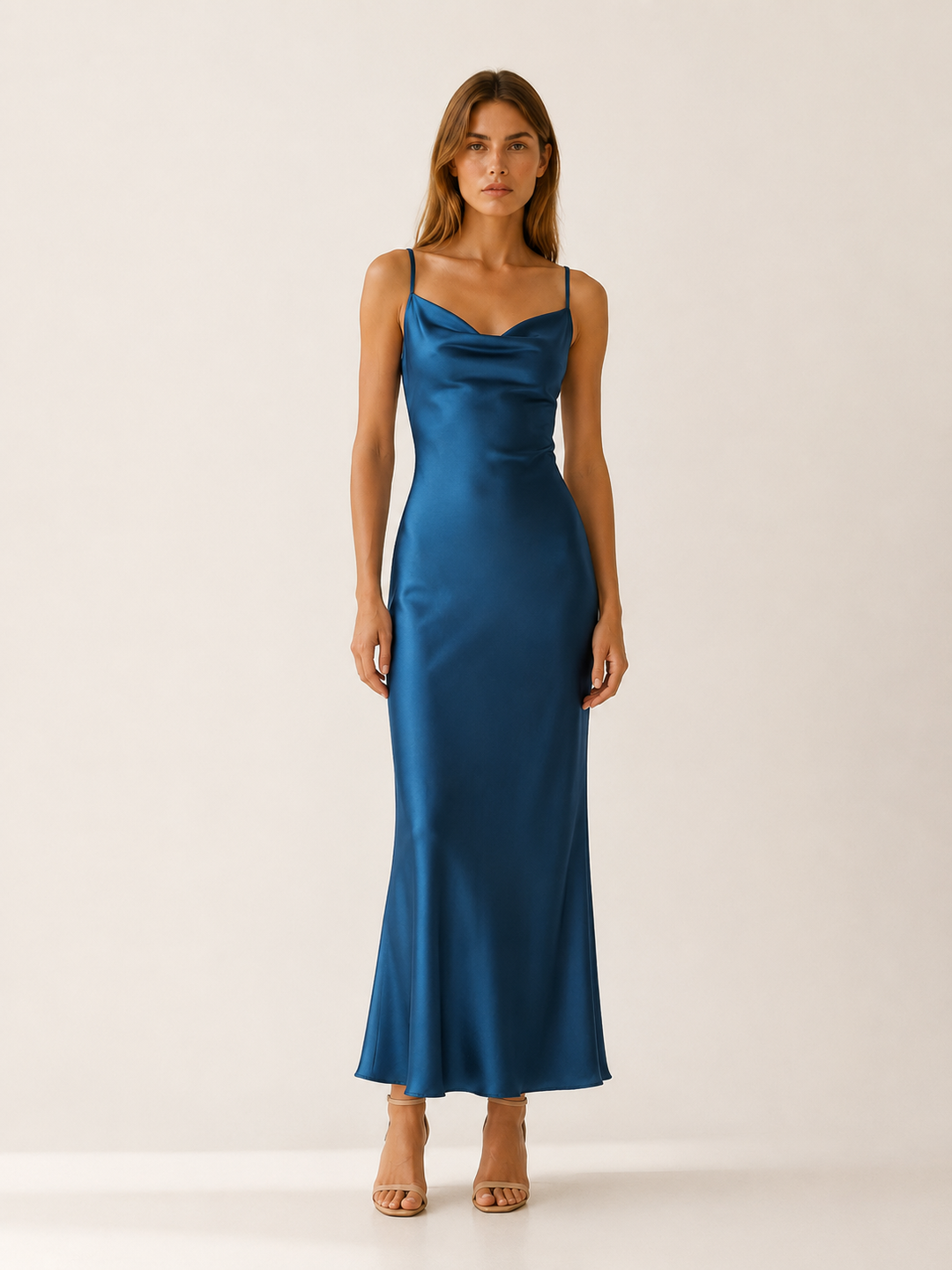 Light Green Satin Maxi Dress with Cowl Neckline – close-up