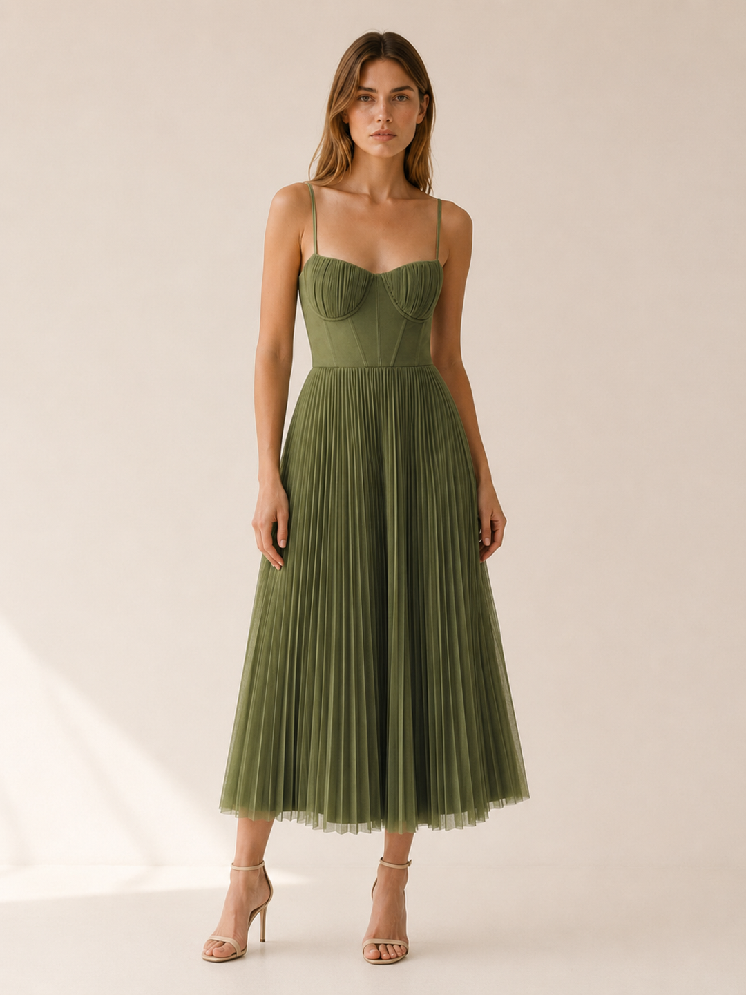 Green Strappy Maxi Dress with Ruffle Detail – front view