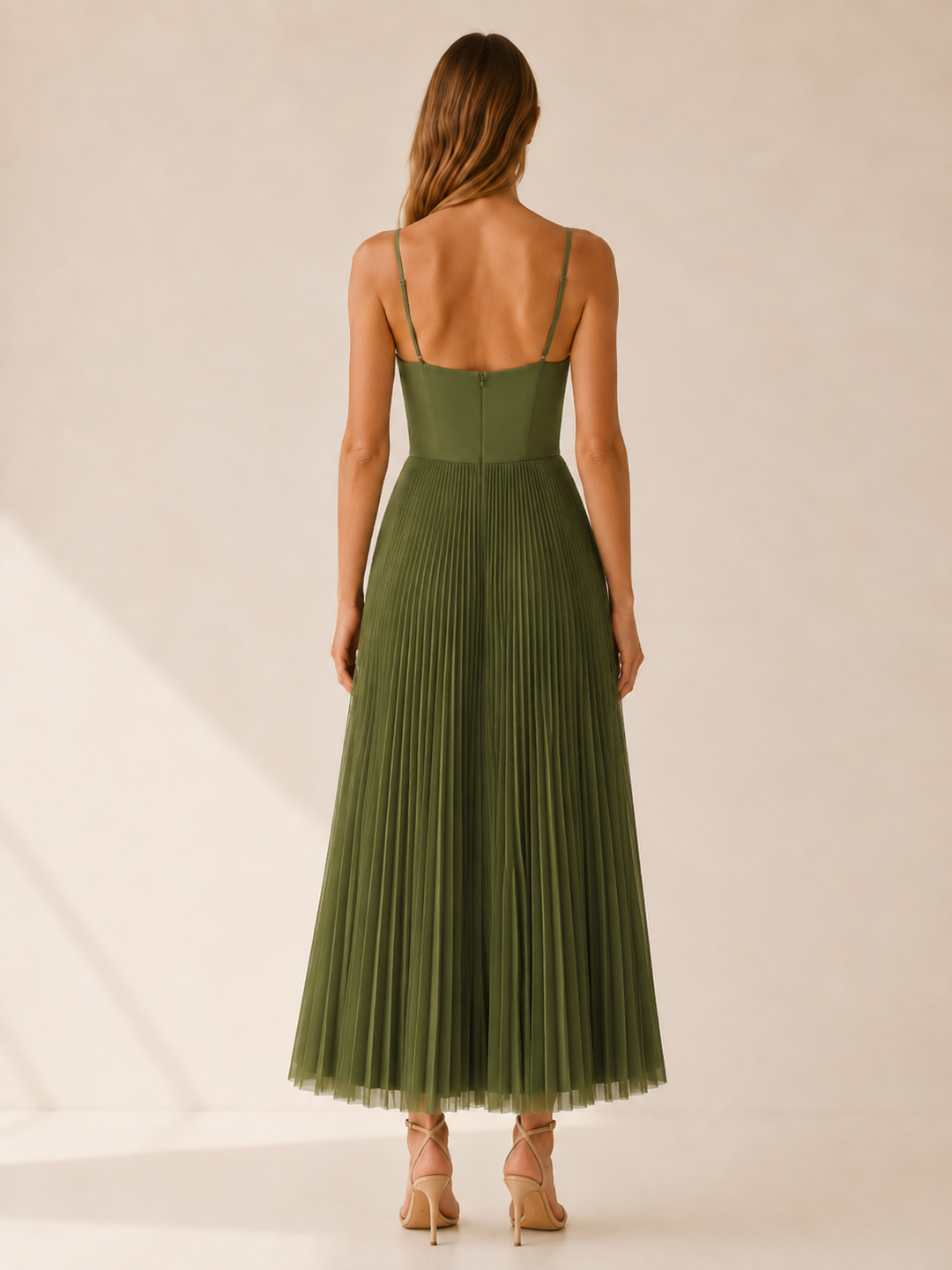 Green Strappy Maxi Dress with Ruffle Detail – side view