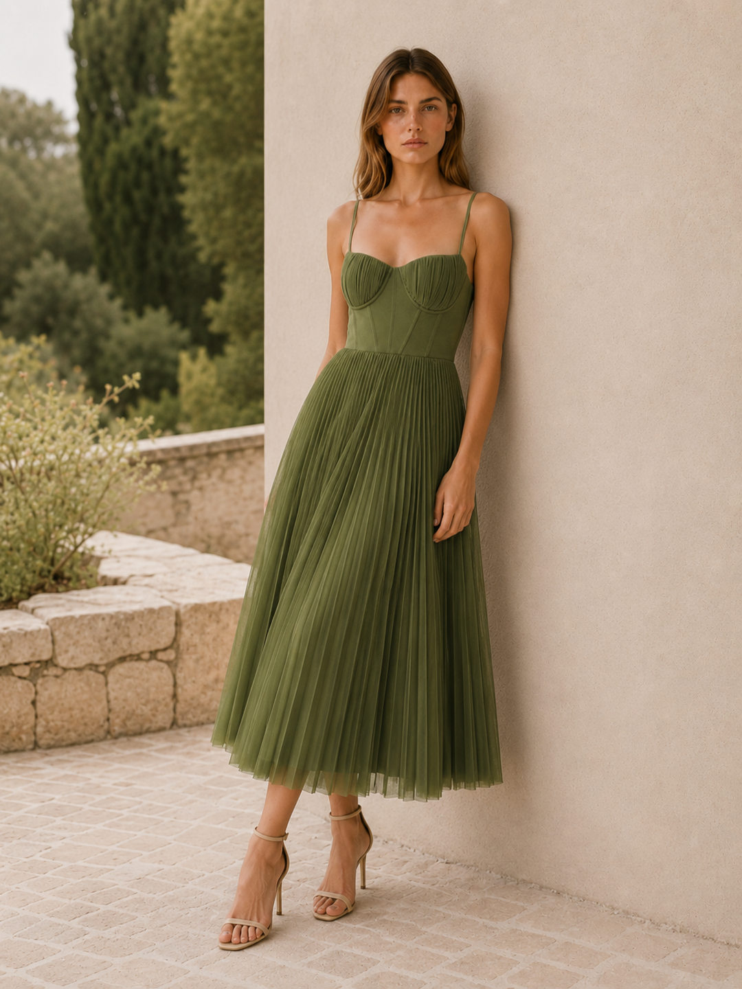 Green Strappy Maxi Dress with Ruffle Detail – back view