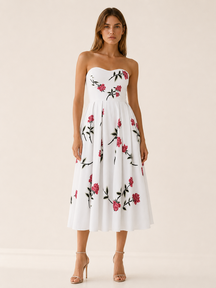 White Floral Midi Dress with Strapless A-Line Skirt – front view