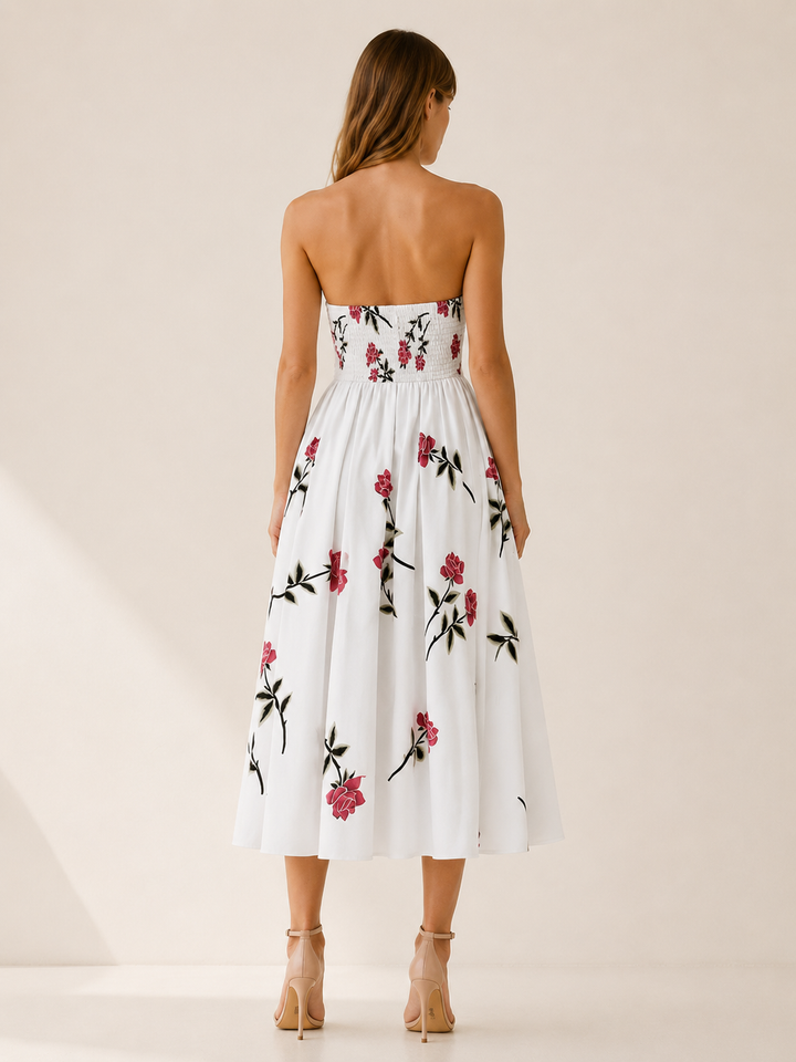 White Floral Midi Dress with Strapless A-Line Skirt – back view