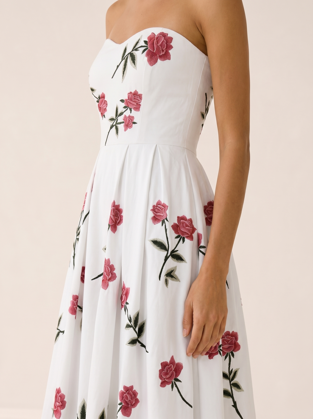 White Floral Midi Dress with Strapless A-Line Skirt – detail view