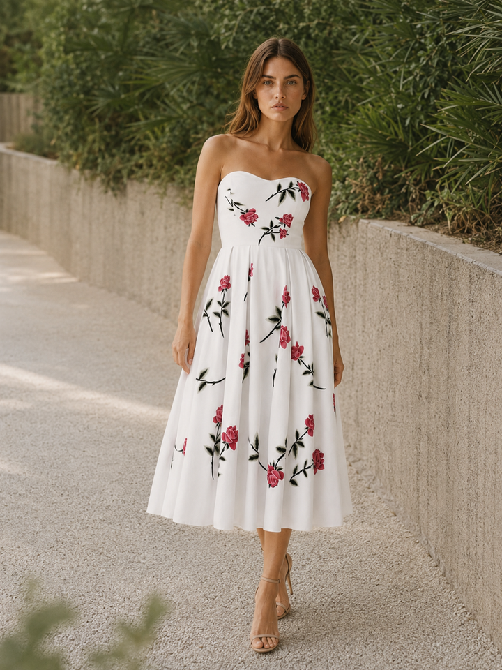 White Floral Midi Dress with Strapless A-Line Skirt – close-up