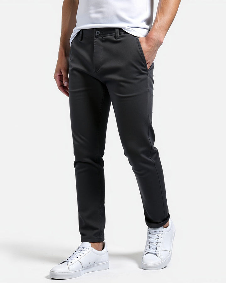 Everyday slim chinos in black, front view on model