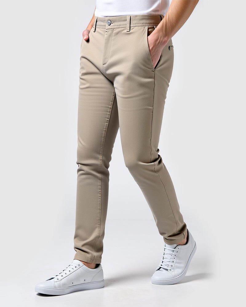 Everyday slim chinos in khaki, front view on model
