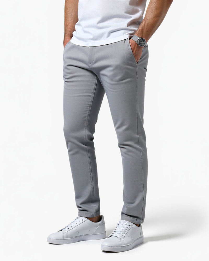 Everyday slim chinos in light grey, front view on model