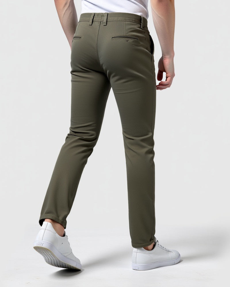 Everyday slim chinos in olive green, back view