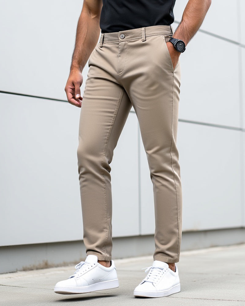 Everyday slim chinos in khaki, lifestyle shot styled