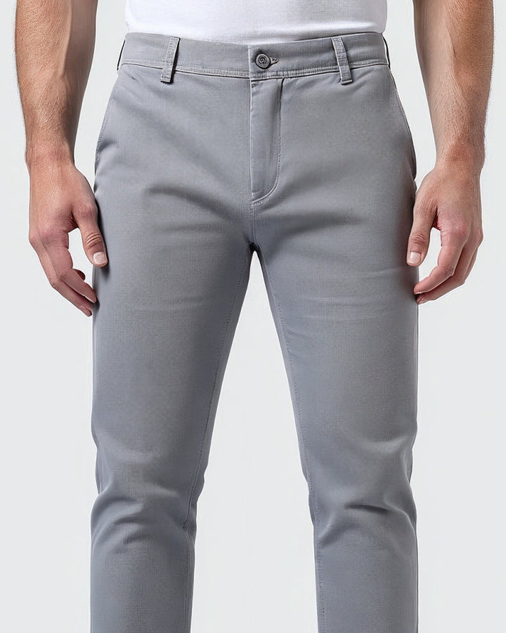 Everyday slim chinos in light grey, close-up of fabric