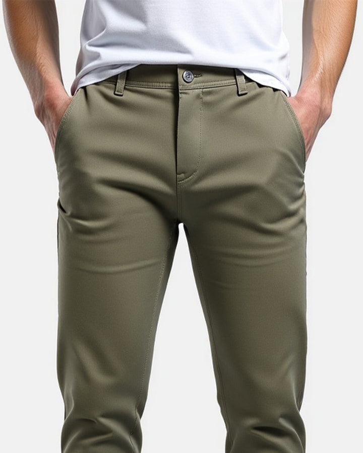 Everyday slim chinos in olive green, close-up of fabric