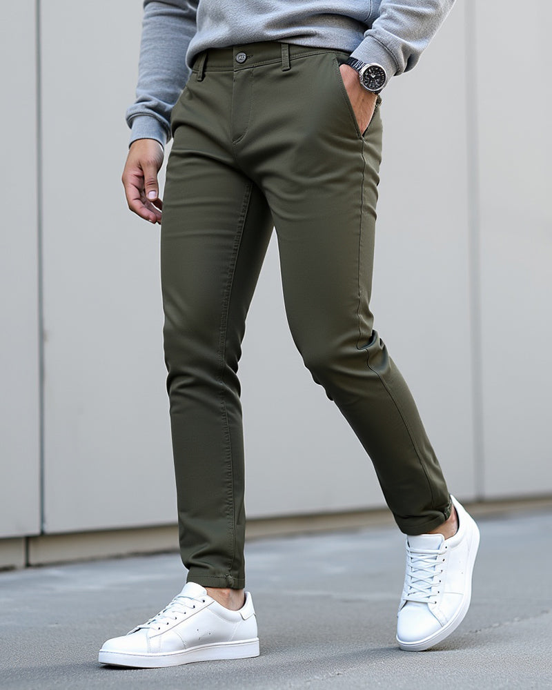 Everyday slim chinos in olive green, lifestyle shot