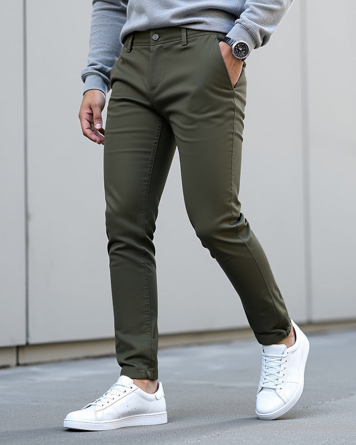 Everyday slim chinos in olive green, lifestyle shot
