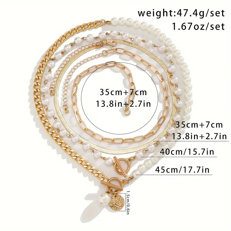 Front view of all three necklace strands worn together at the collarbone