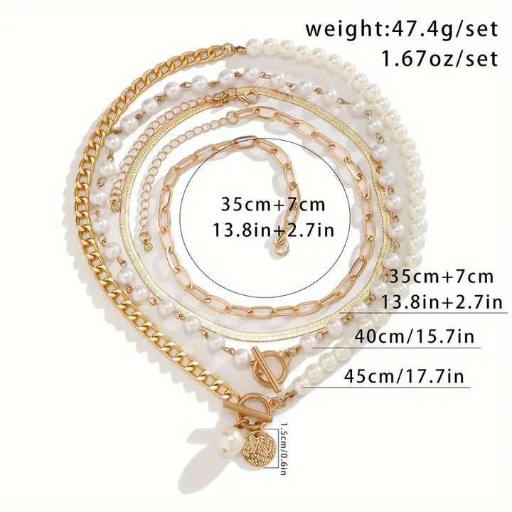 Front view of all three necklace strands worn together at the collarbone