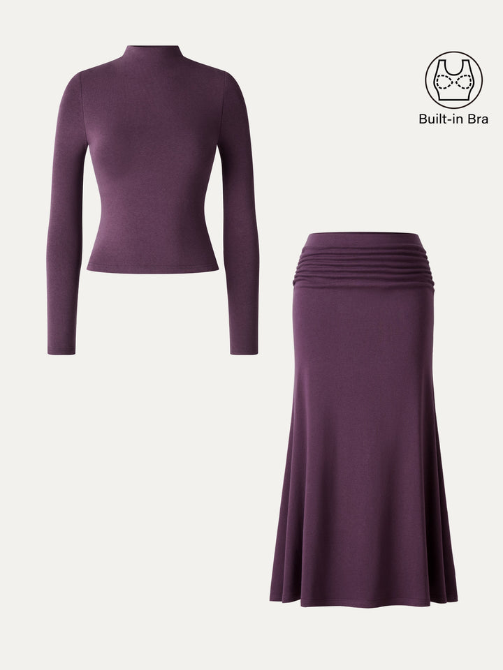 2Pcs Set ProWarm Mock Neck Built-In Bra Top 3.0 & Mid-Rise Ruched Flared Midi Skirt