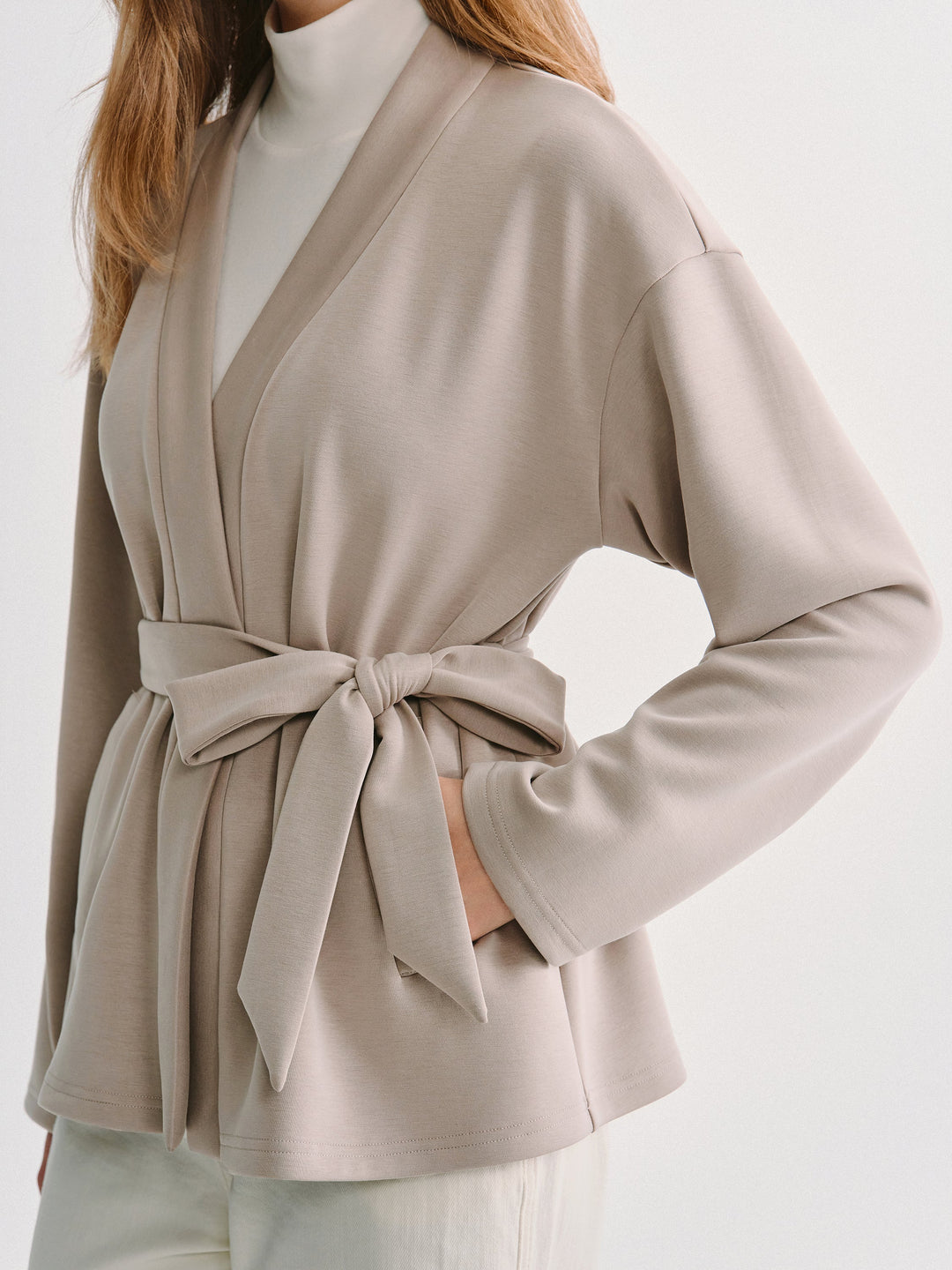 2Pcs Set MaxWarm Belted Wrap Cardigan Coat with Poclets & High-Rise Straight-Leg Pants with Pockets
