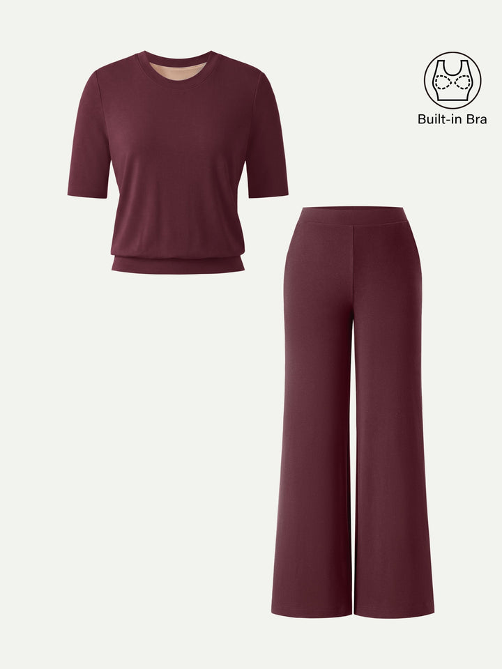 2Pcs Set Regular Mid Rise Wide Leg Pants & Crewneck Built-In Bra Top 2.0
