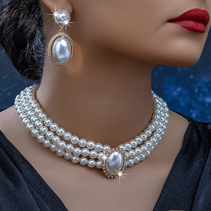 Model wearing the classic pearl strand jewelry set