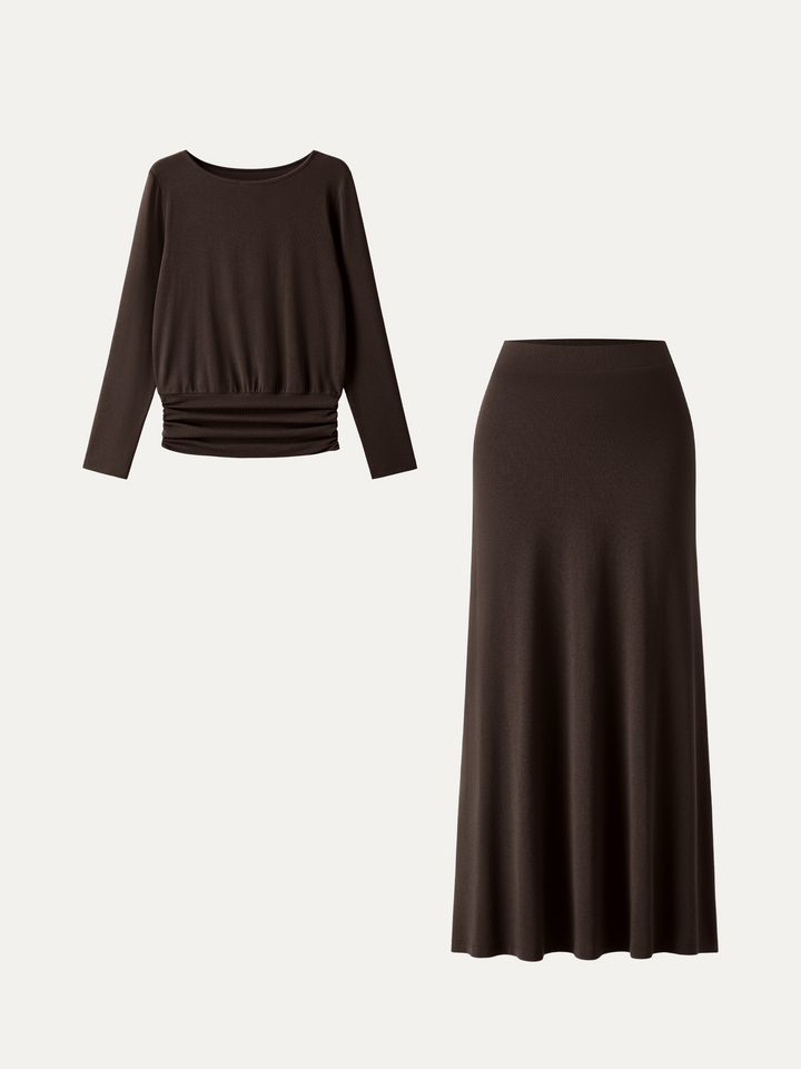 2Pcs Set LiteWarm Boatneck Top & High-Rise A-Line Maxi Skirt