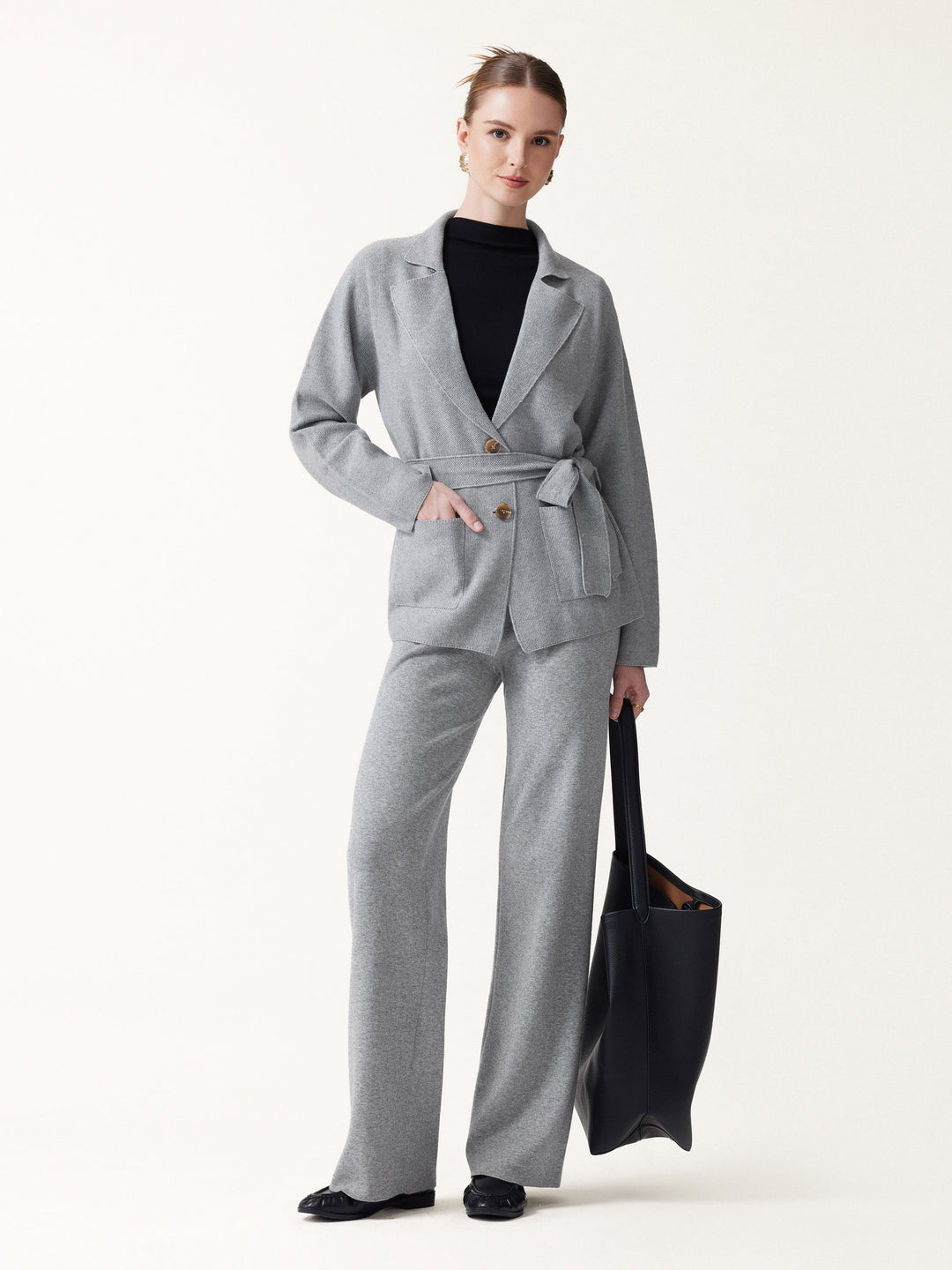 2Pcs Set Peaked Lapel Long Sleeve Belted Cardigan with Pockets & Mid Rise Straight-Leg Pants with Pockets — women's women > bundles&sets > bundles, front view
