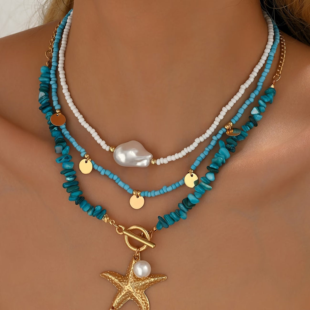 Main shot of the pearl and turquoise coastal necklace