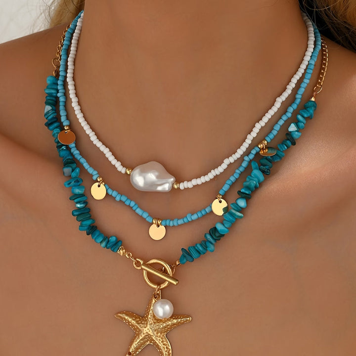 Main shot of the pearl and turquoise coastal necklace