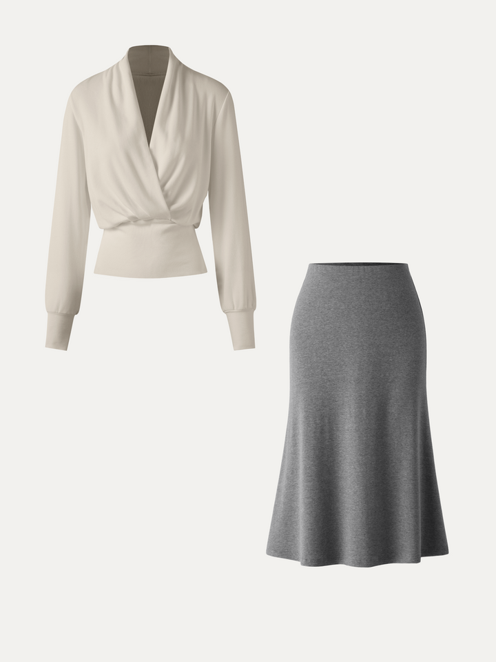 2Pcs Set LiteWarm Surplice Banded Hem Top & Soft Pull-On Midi Skirt