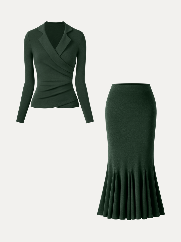 2Pcs Set ProWarm Collared Surplice Top & High-Rise Mermaid Midi Skirt