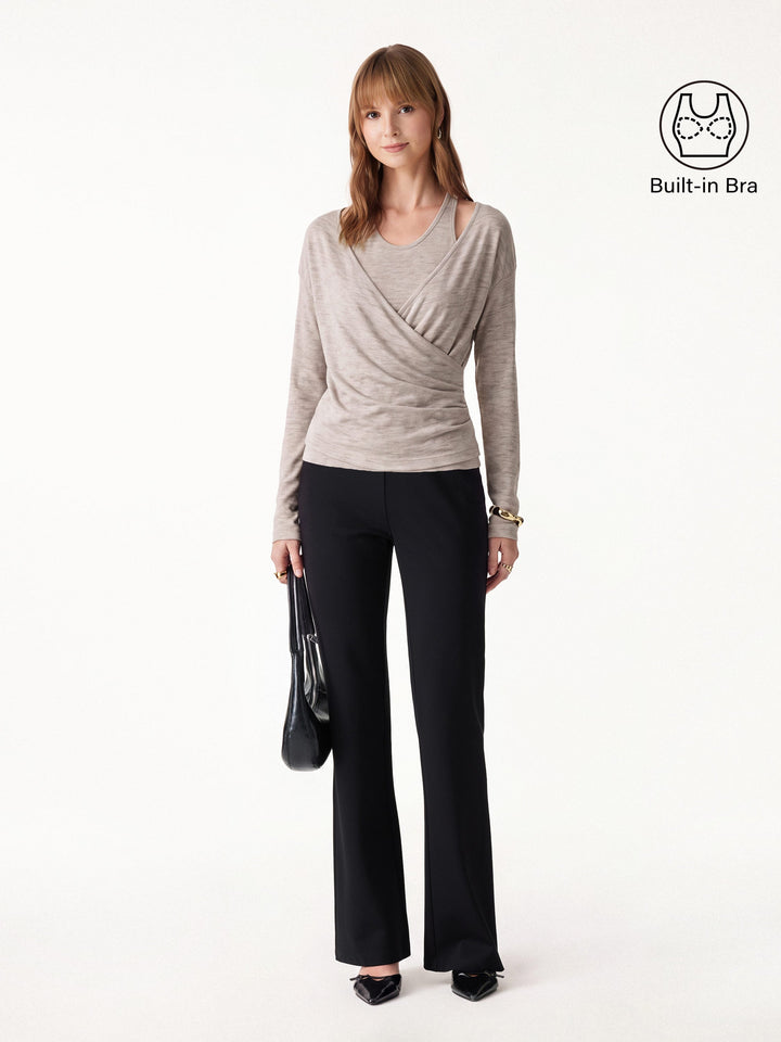 2Pcs Set Surplice Ruched Built-In Bra Top 2.0 & Slim Flared Pants with Pockets