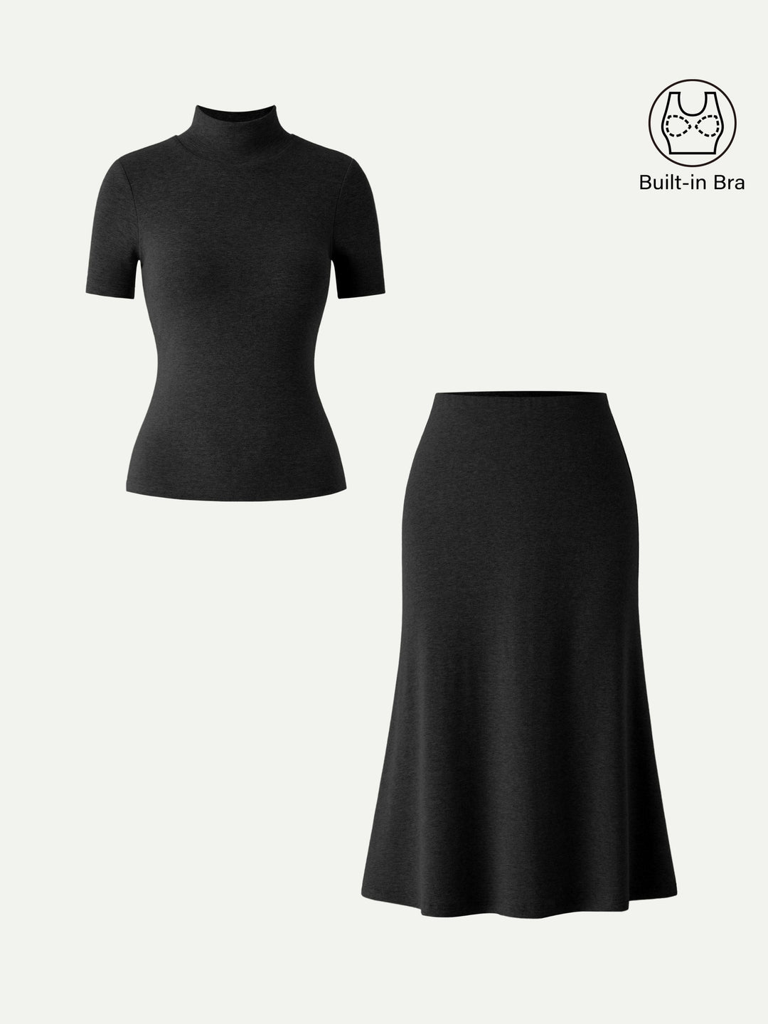 2Pcs Set Mockneck Built-In Bra Top 3.0 & Pull-On Midi Skirt