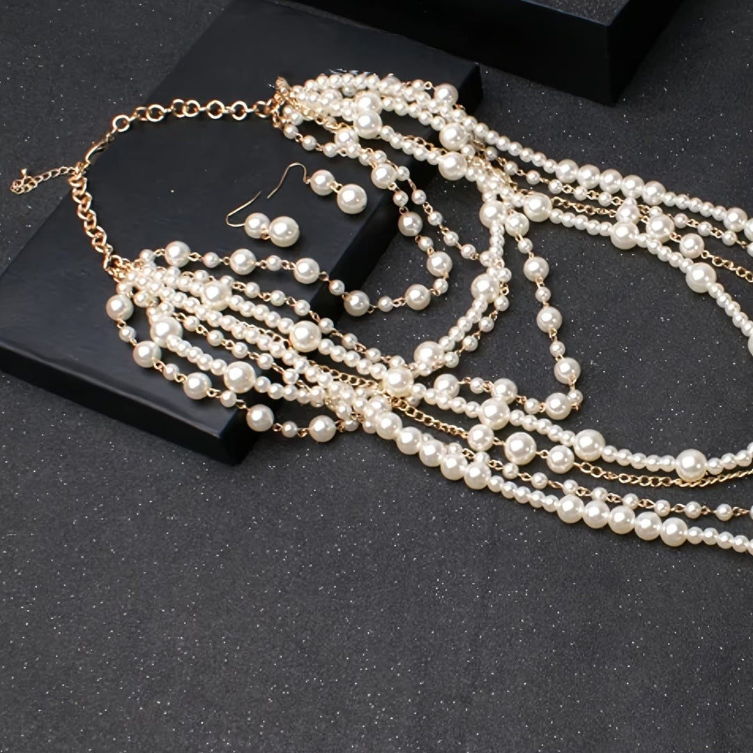 Close-up of mixed pearl bead sizes used in the boho layered design