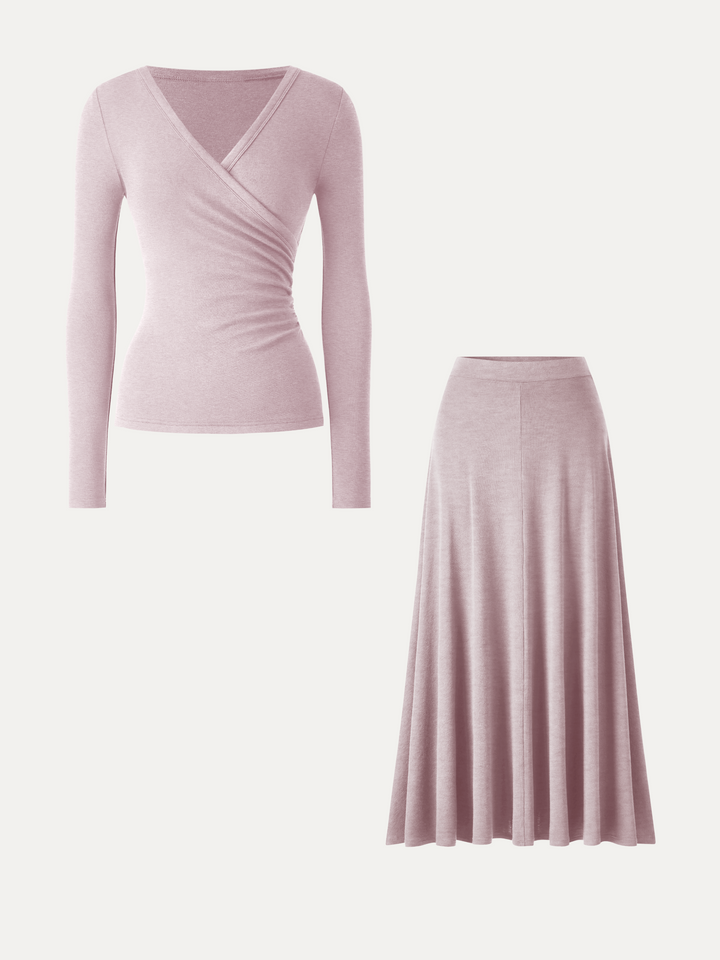 2Pcs Set LiteWarm Surplice Ruched Top & Blend Mid-Rise Umbrella Maxi Skirt