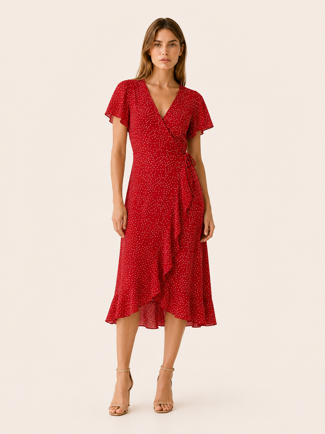 Red Polka Dot Wrap Dress with Ruffle Trim – front view