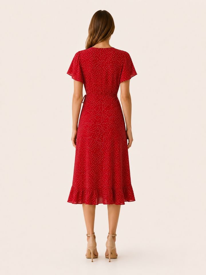 Red Polka Dot Wrap Dress with Ruffle Trim – side view