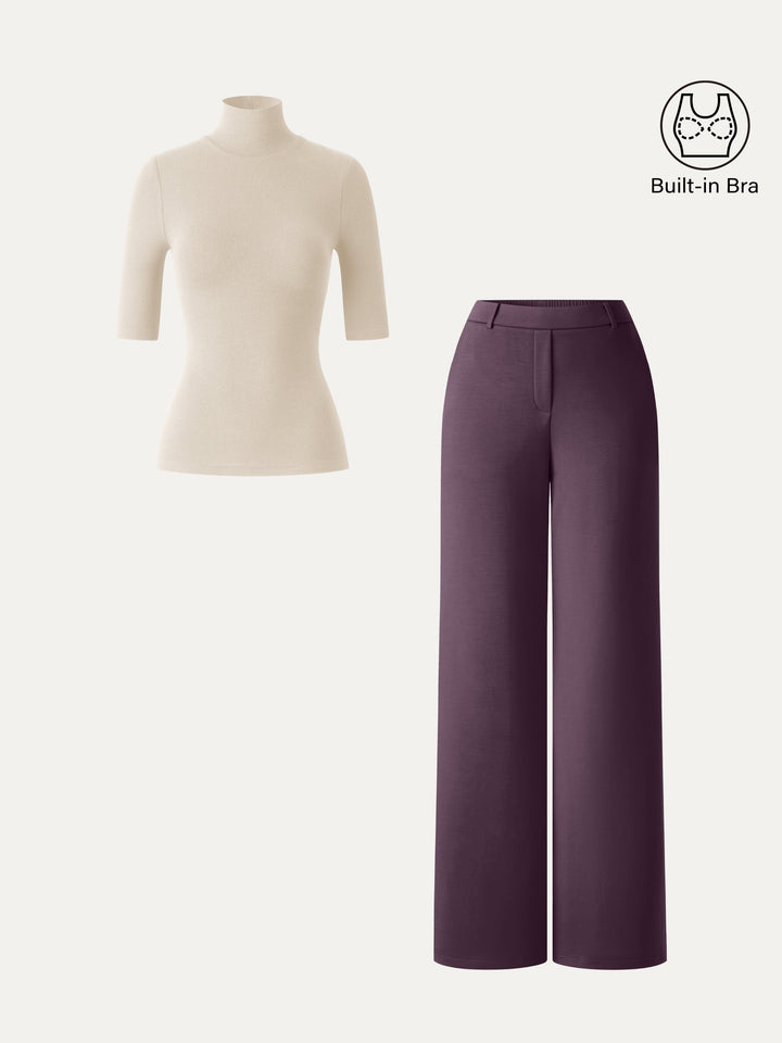 2Pcs Set LiteWarm Elbow Length Sleeve Built-In Bra Top 3.0 & High-Rise Wide Leg Pants