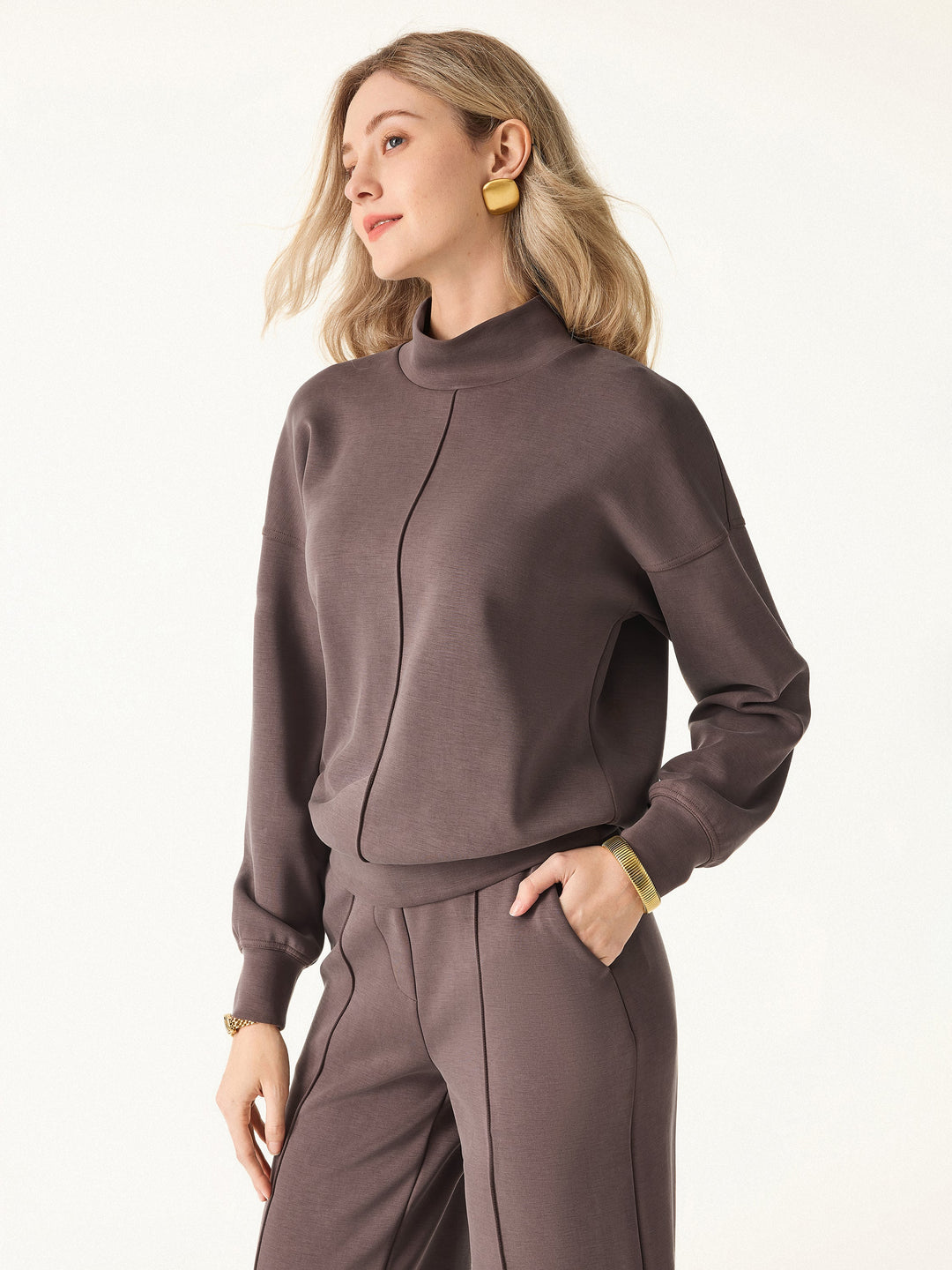 2Pcs Set Mockneck Pullover Shirt & Mid Rise Straight Leg Pants with Pockets