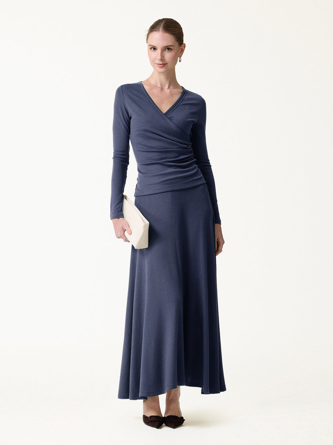 2Pcs Set LiteWarm Surplice Ruched Top & Blend Mid-Rise Umbrella Maxi Skirt