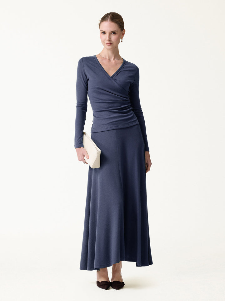 2Pcs Set LiteWarm Surplice Ruched Top & Blend Mid-Rise Umbrella Maxi Skirt