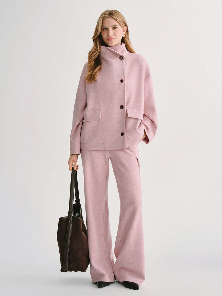 2Pcs Set FuzzLuxe Mock Neck Long Sleeve Jacket with Pockets & High-Rise Wide-Leg Tuck Pants with Welt Pockets