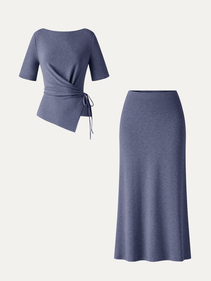 2Pcs Set LiteWarm Short Sleeve Tie-Side Top & Side-Slit A-Line Midi Skirt