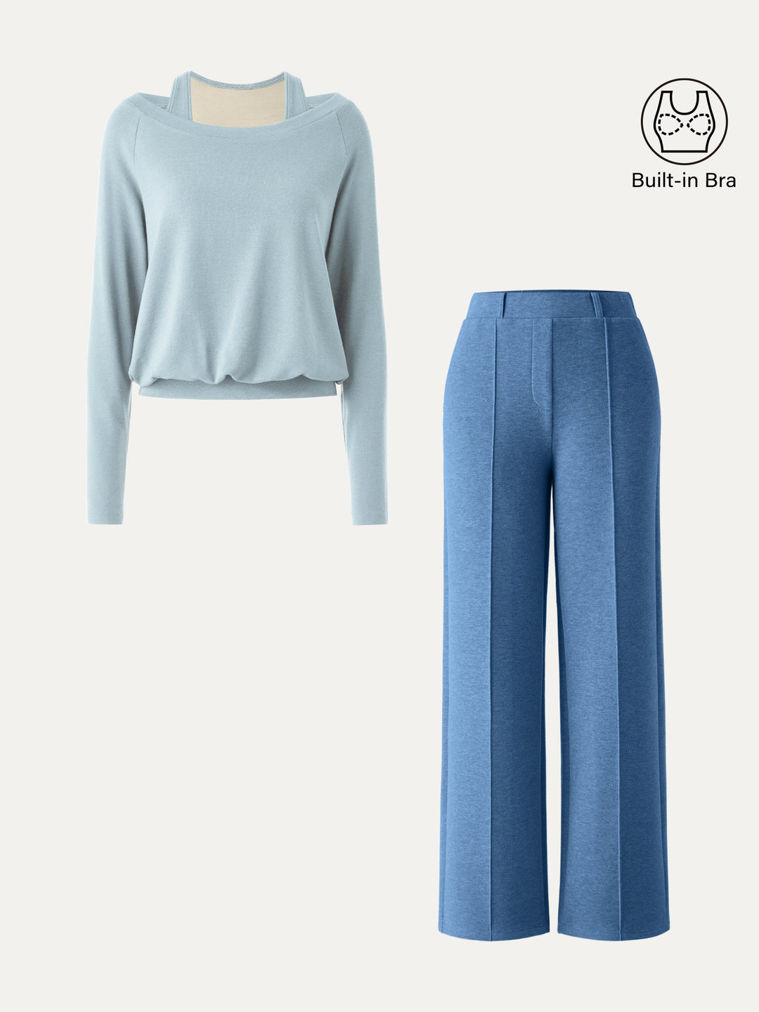 2Pcs Set LiteWarm Multi-Wear Layering Built-In Bra Top 2.0 & High Waisted Straight Leg Pull On Pant