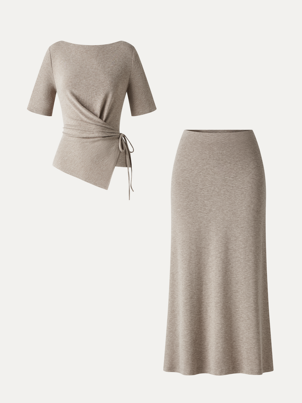 2Pcs Set LiteWarm Short Sleeve Tie-Side Top & Side-Slit A-Line Midi Skirt — women's women > bundles&sets > bundles, back view