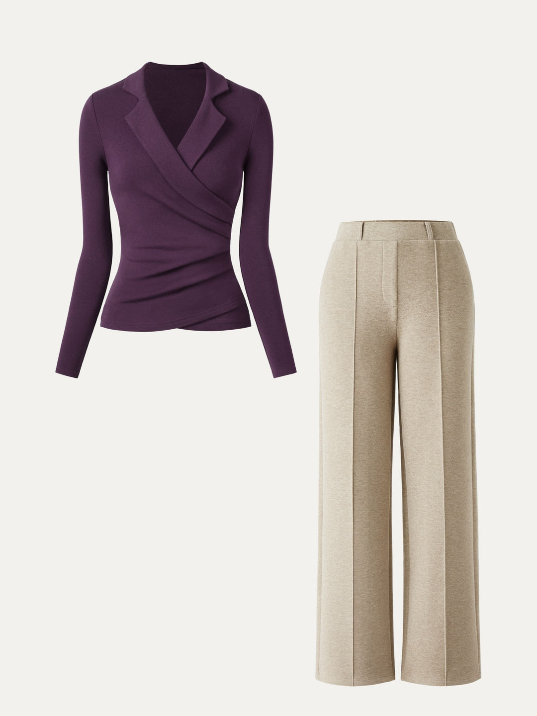 2Pcs Set Collared Surplice Top & High Waisted Straight Leg Pull On Pant — women's women > bundles&sets > bundles, front view