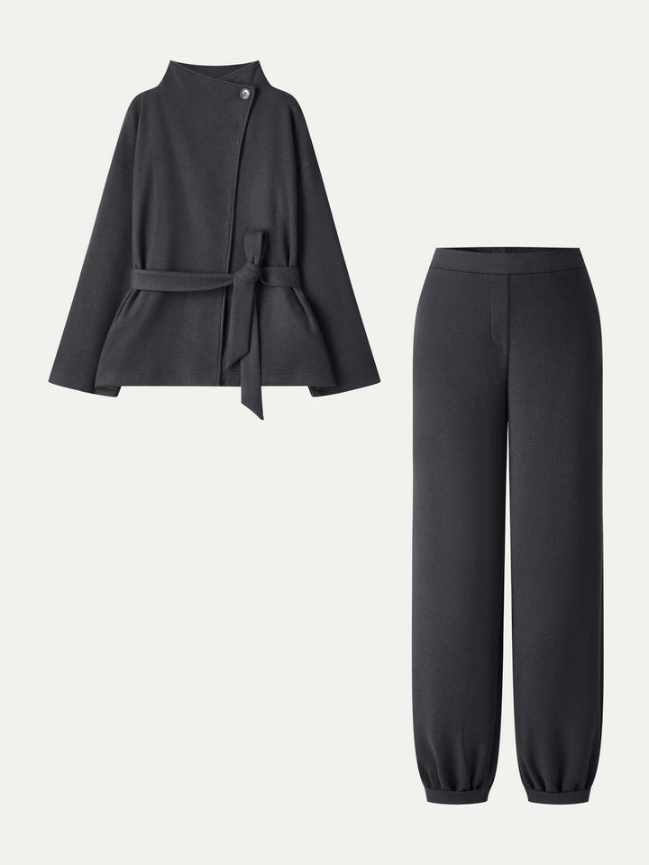 2Pcs Set Waterfall Lapel Belted Jacket with Pockets & Mid-Rise Balloon Pants with Pockets